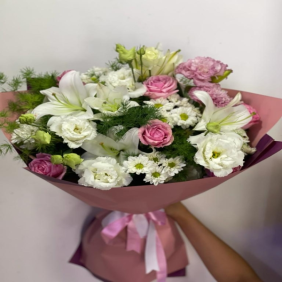  Antalya Flower Delivery Stylish Pink White Lisyantus Lilies Rose Bouquet