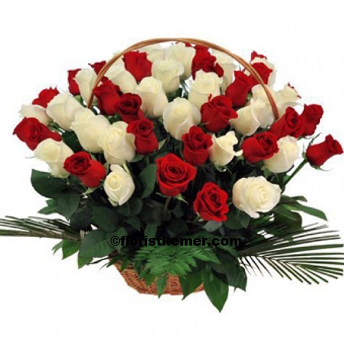  Antalya Flower Order Basket  White & Red Roses 51 pc
