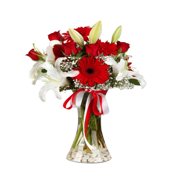 Antalya Çiçekçi Vazoda Gerbera Güller ve Lilyumlar
