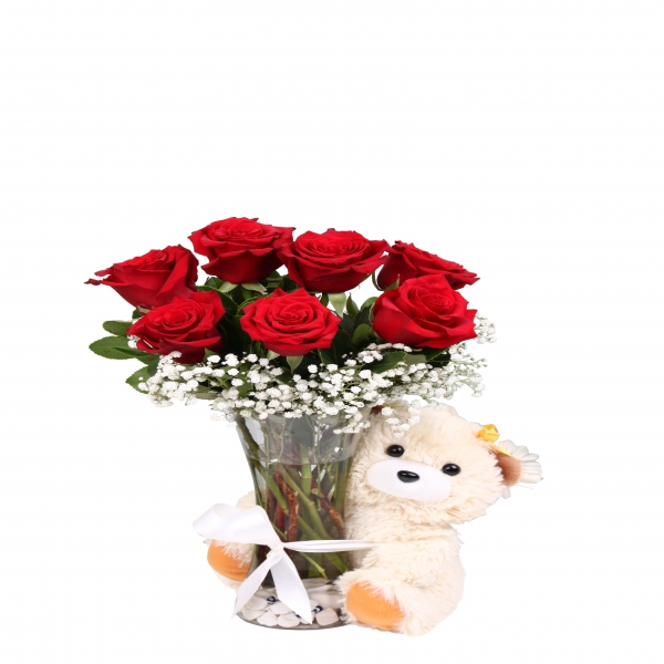  Заказ цветов в Анталия‎  7 роз и плюшевых мишек в вазе
