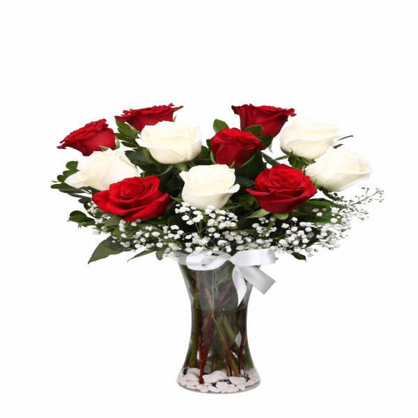 Antalya Florist 11 Pcs Roses White Red in Vase