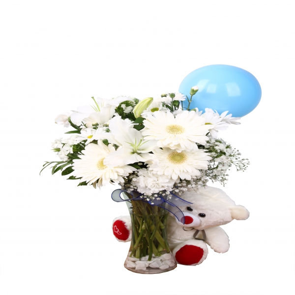  Заказ цветов в Анталия‎  Герберы, хризантемы, лилии и плюшевый мишка в вазе