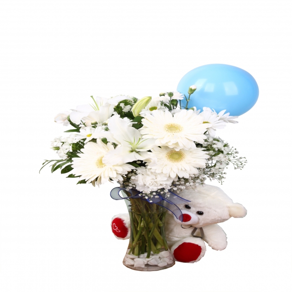  Antalya Çiçek Gönder Vazoda Gerbera Krizantem Lilyum & Ayıcık Balon