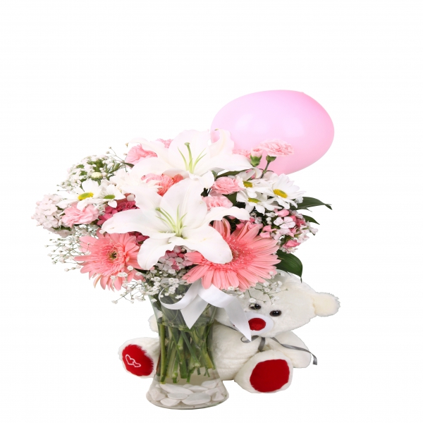  Флорист в Анталия‎ Розовые герберы, лилии и плюшевые мишки в вазе