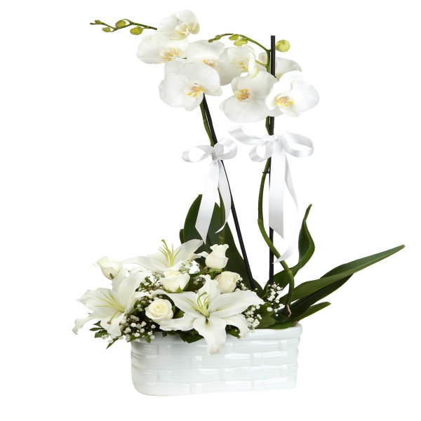  Antalya Flower Order Orchid & Lily Rose Arrangement in Ceramic Vase