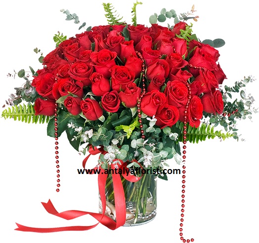 Antalya Florist 51pc Red Roses Vase