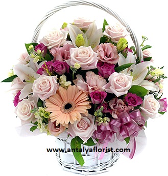  Antalya Flower Order Light Pink Rose  Lily in Basket