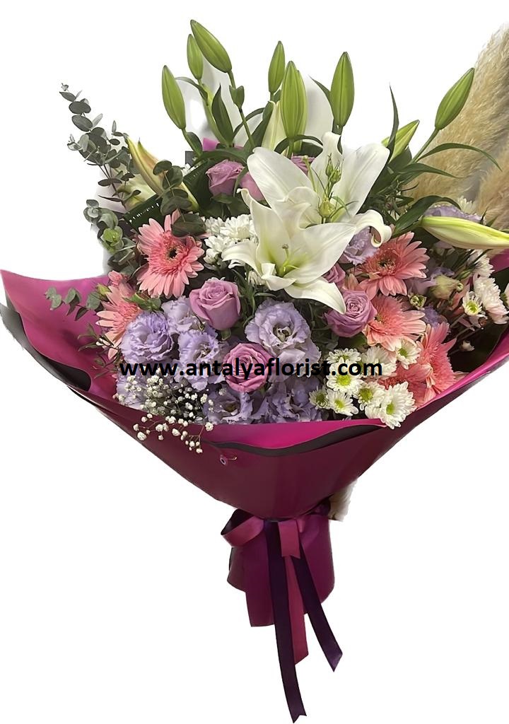  Antalya Flower Delivery Mixed Elegant Bouquet Pink White Lilac