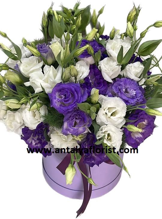 Заказ цветов в Анталия‎  Фиолетово-белая сиреневая композиция в сиреневой коробке